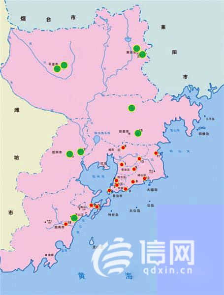 青岛市空气站点位分布图（小红圈是国省控点位，绿圈是市控点位）