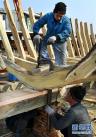 在青岛红双木造船厂，几位造船师傅在安装船肋骨。新华社记者 李紫恒 摄