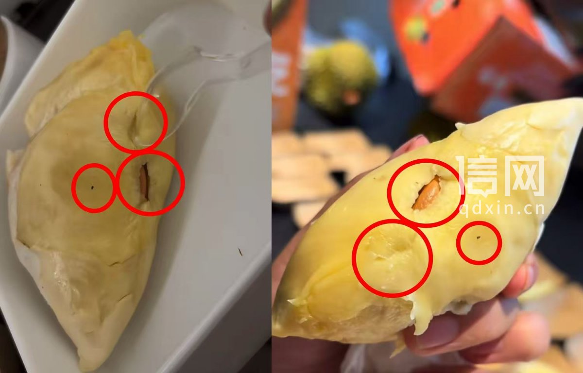 左图为胡女士做标记的榴莲，右图为胡女士再次从前台拿到的榴莲。（来源：受访者）