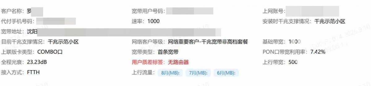 罗先生宽带系统后台数据（来源：受访者）