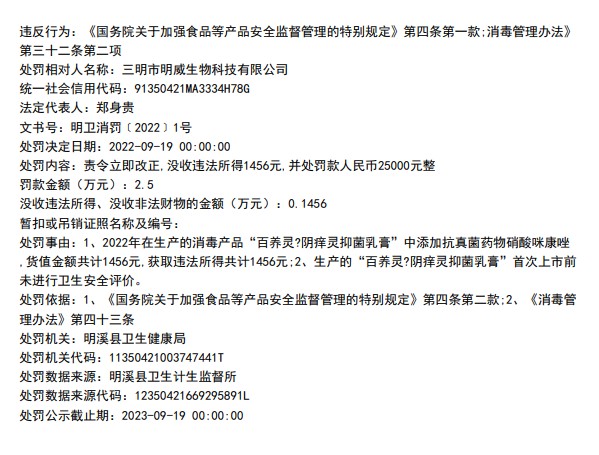 三明市明威生物科技有限公司被行政处罚的信息。(来源：企查查)