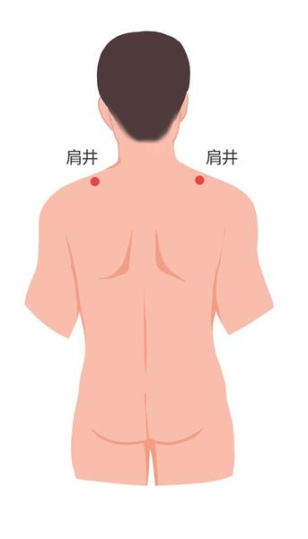 5. 肩井：大椎与肩峰连线的中点上，前直对乳中。