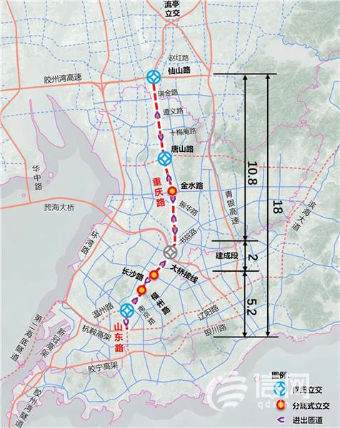 青岛重庆路快速路工程规划公示 全线设置7处立交节点