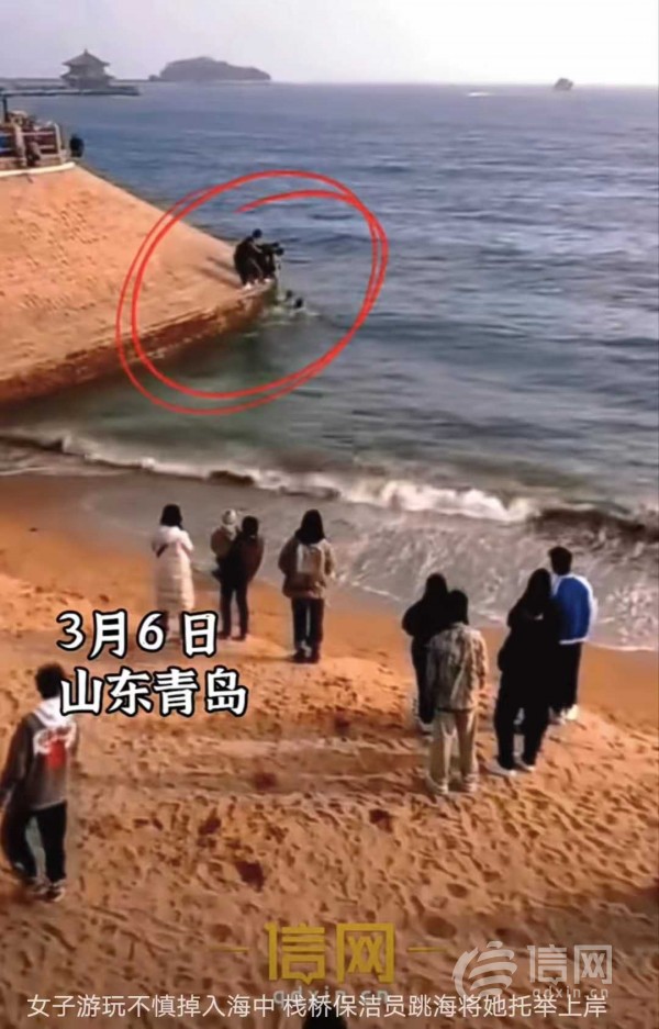 女游客落水时的画面，赵永超在海里托举施救，岸上的热心游客也相互拉拽着伸出援手 (来源：信网)