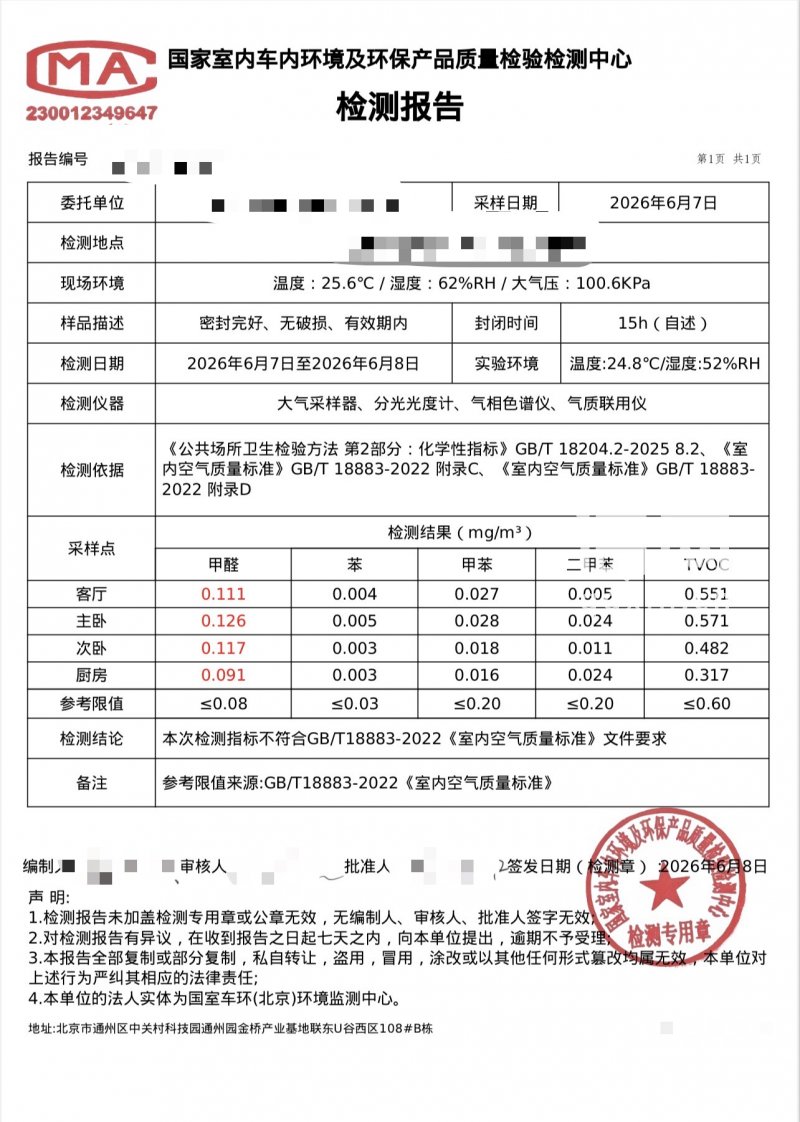 刘女士委托CMA机构复检结果甲醛超标。（来源：受访者）